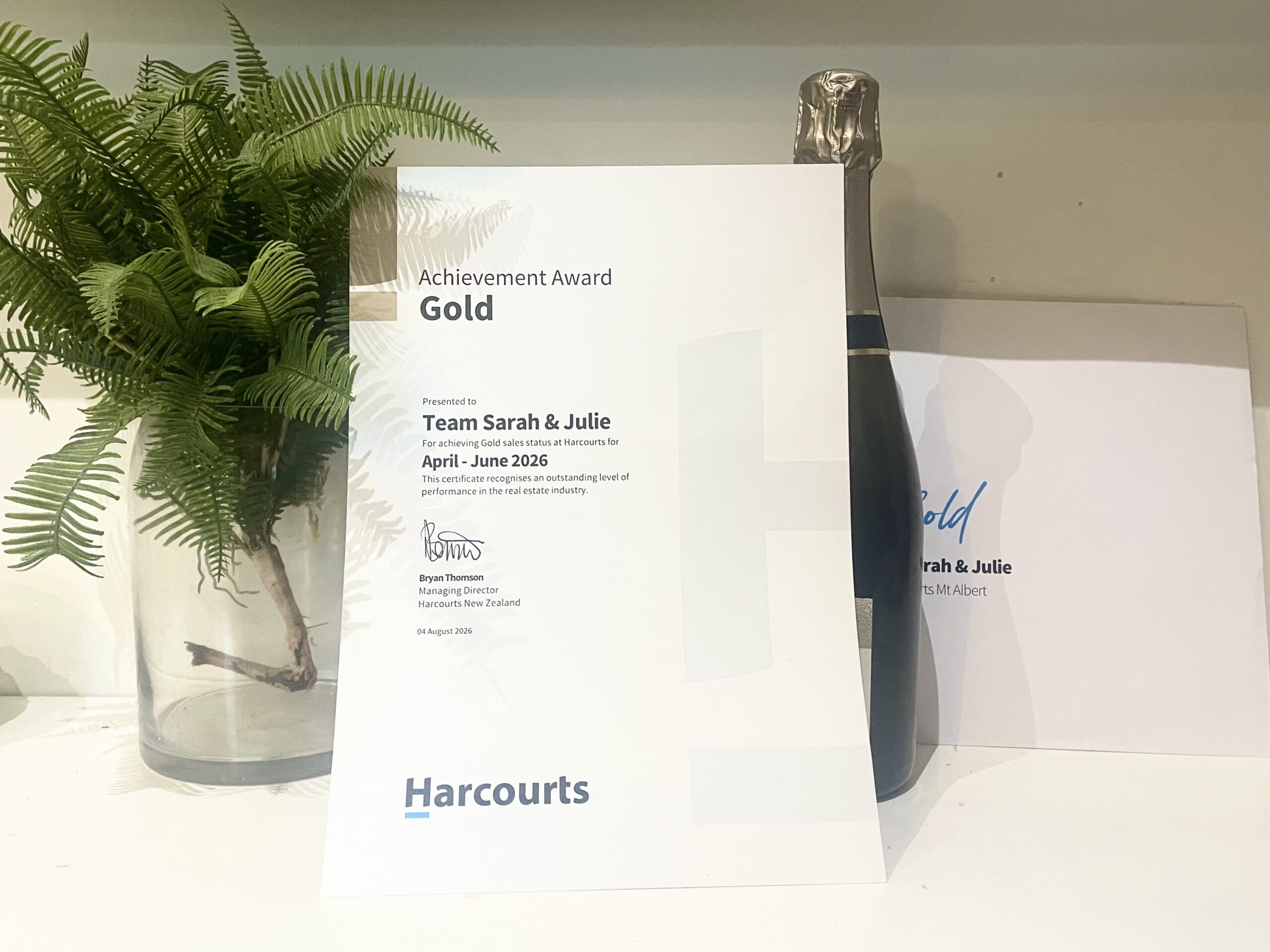 Harcourts Gold Award certificate for our Auckland real estate team Sarah & Julie