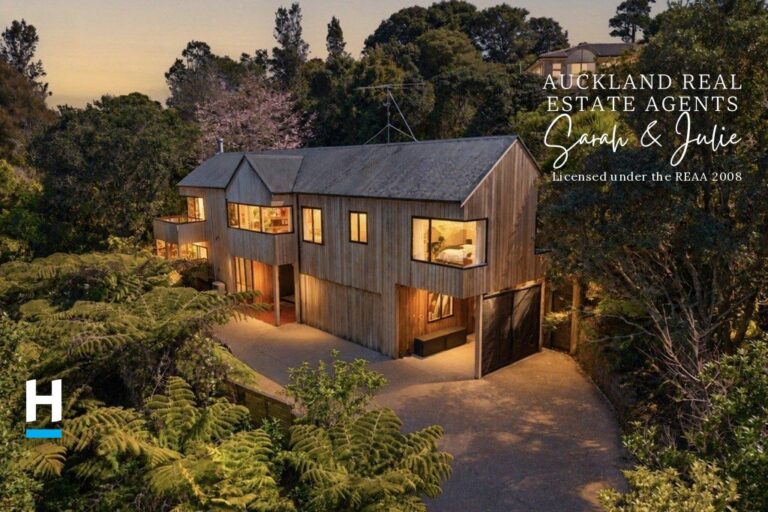 Cedar-clad Hillsborough home with decks and native bush overlooking Manukau Harbour views